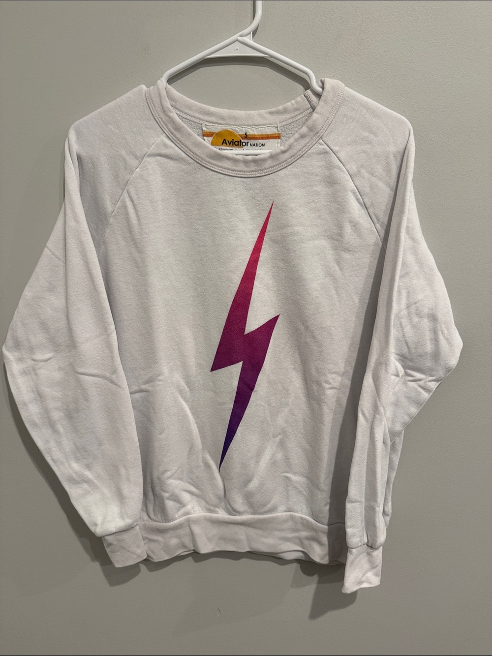 Aviator Nation White Crewneck with Pink-to-Purple Lightning Bolt